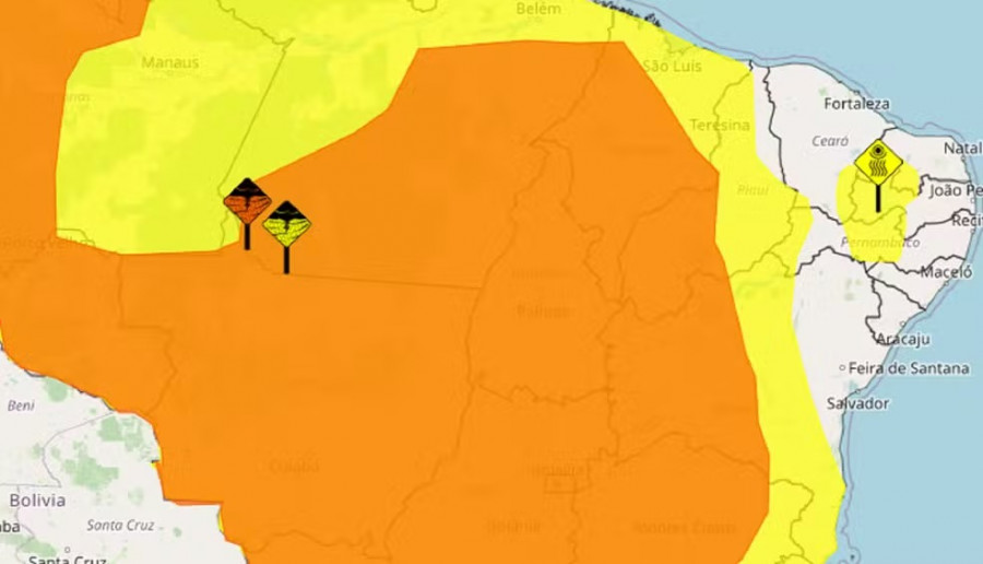 Alertas de níveis laranja e amarelo representa um perigo potencial de temporais — Foto: INMET/Reprodução