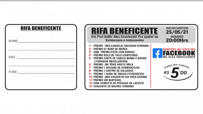 Rifa pode ser adquirida por meio do WhatsApp (63) 984621414