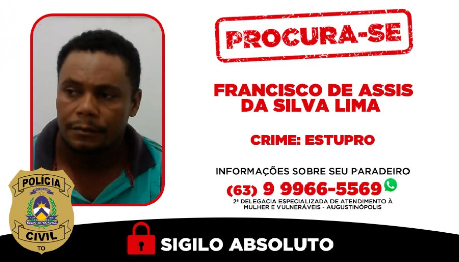 Informações sobre o paradeiro de Francisco de Assis da Silva Lima podem ser repassadas para o número (63) 9 9966-5569