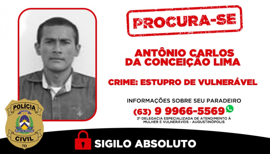 Informações sobre o paradeiro de Antônio Carlos da Conceição Lima podem ser repassadas para o número (63) 9 9966-5569