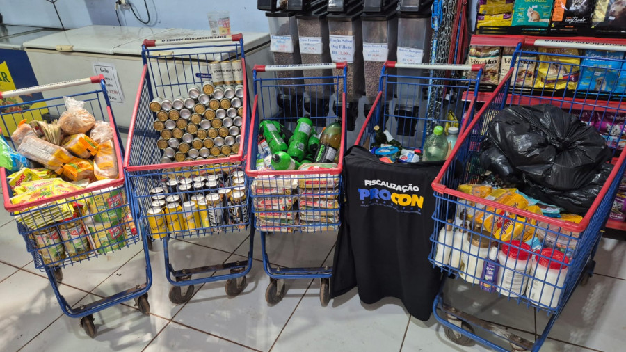 Produtos com embalagens danificadas, vencidos e sem informações obrigatórias foram apreendidos.  Fotos: Ascom Procon Tocantins