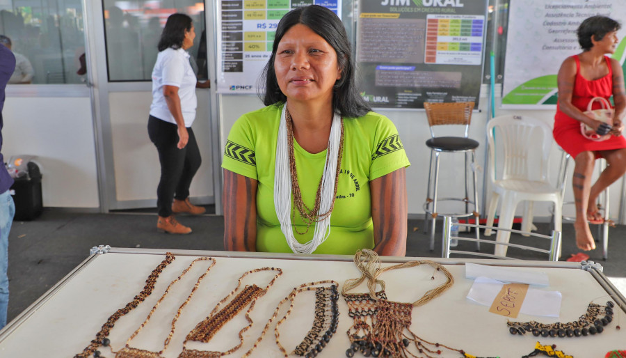 A artesã Maria Helena Kraô expõe bijuterias feitas com sementes nativas da região | Foto: Aldemar Ribeiro/Governo do Tocantins]
