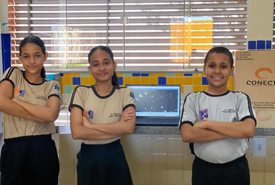 Lauanny Soares, Thallyson Filho e Análya Vitória Mendes integram o grupo dos caçadores de asteroides do Colégio Cívico-Militar Domingos da Cruz Machado
