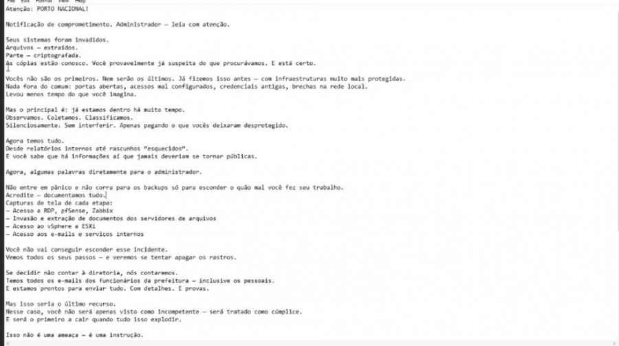 Mensagem de hackers após ataque ao site da Prefeitura de Porto Nacional — Foto: Divulgação/Prefeitura de Porto Nacional
