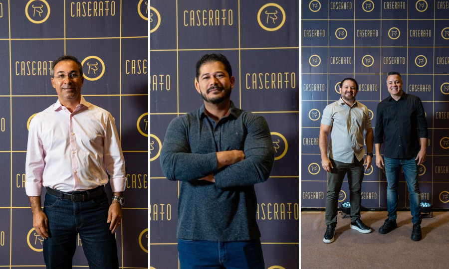 Prefeito Wagner Rodrigues, o secretário municipal Diego Elbert e os sócios Tales Garcia e Rafael Dâmaso, da Rede Caseratto, na inauguração da primeira unidade da rede fora de Goiás, em Araguaína.