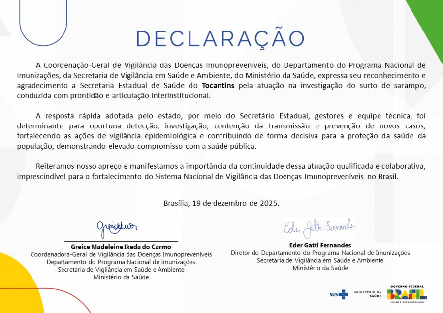 Declaração de reconhecimento foi emitida pelo Ministério da Saúde