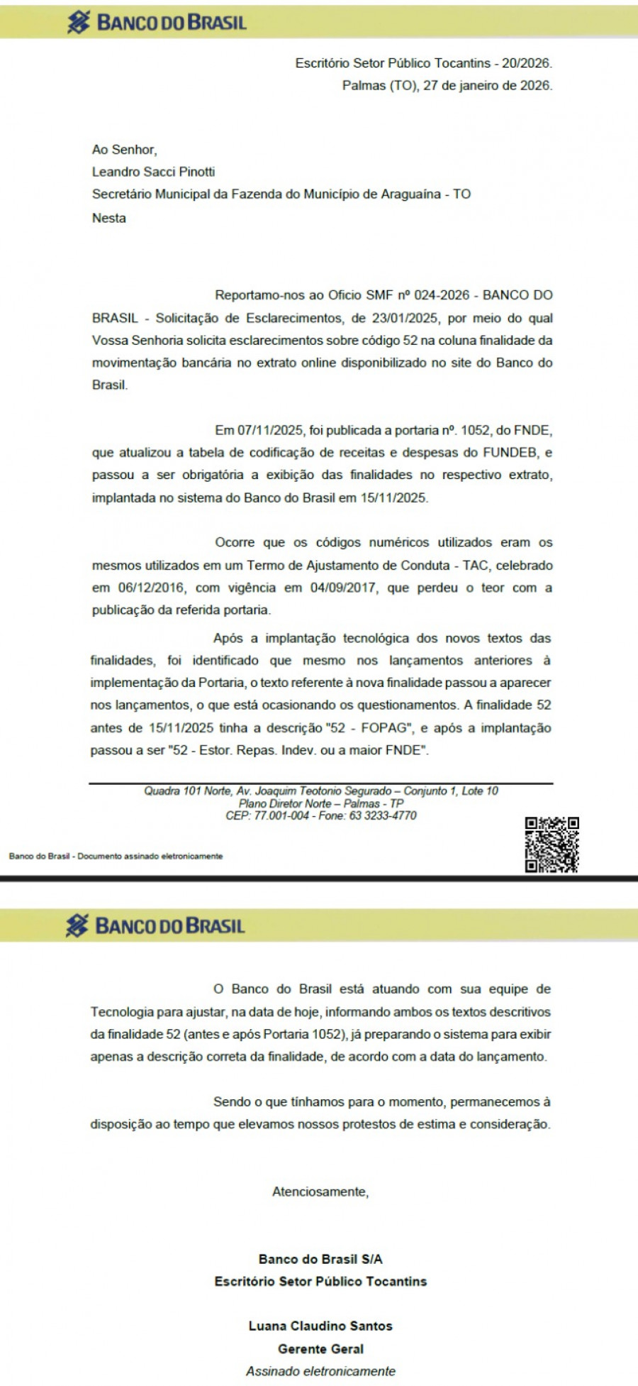 Ofício do Banco do Brasil confirma erro técnico na descrição do código 52 após atualização do sistema.
