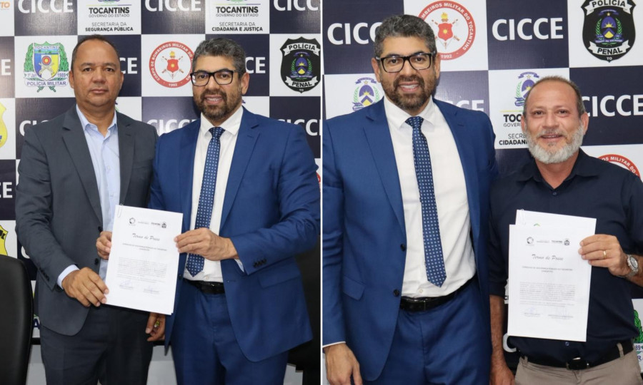 Da esquerda para a direita: Hélio Pereira Marques e Edson Almeida de Oliveira Pereira durante a posse como membros do Conselho de Segurança Pública do Tocantins (Conesp). Foto: João Guilherme Lobasz/Governo do Tocantins.