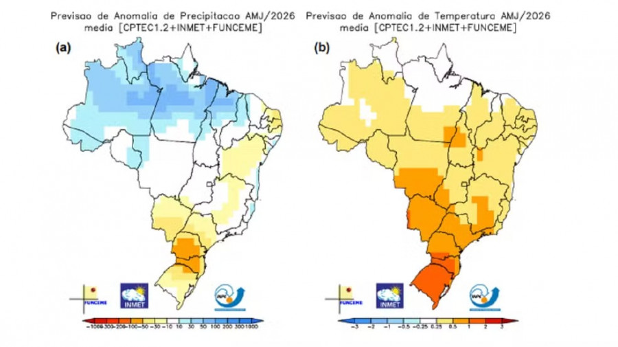 Previsão de chuva e temperatura durante abril, maio e junho de 2026 — Foto: Inmet/Reprodução