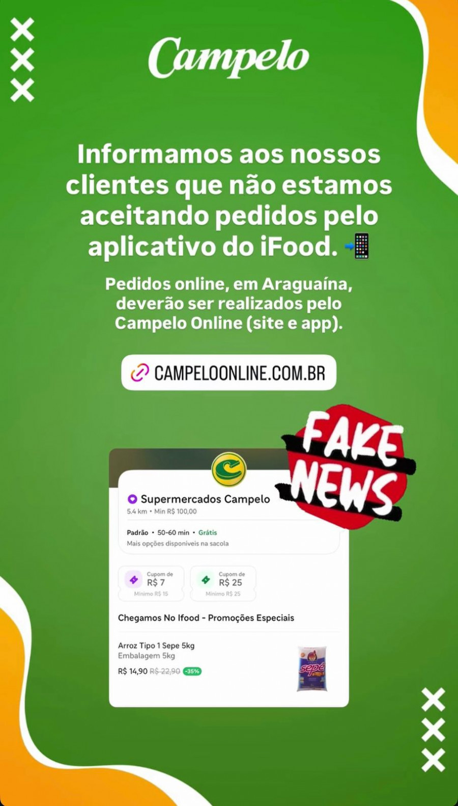 Supermercados Campelo; empresa orienta clientes a ignorarem falsas promoções divulgadas por conta fake no iFood