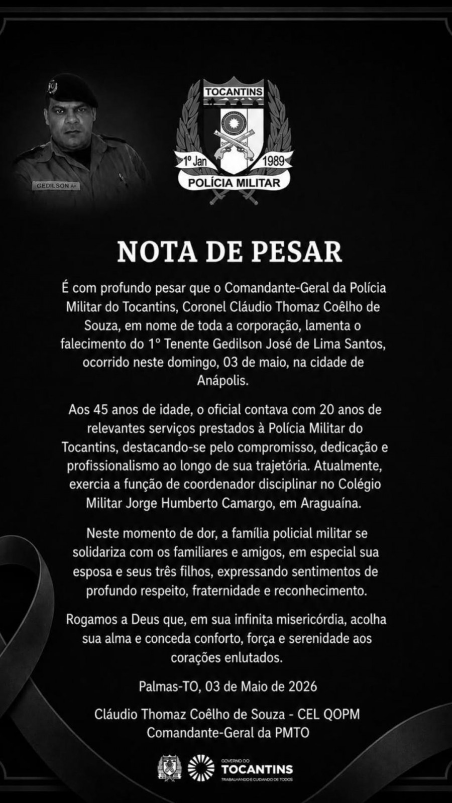 Nota de pesar da Polícia Militar do Tocantins pelo falecimento do 1º tenente Gedilson José de Lima Santos 