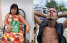 Dona Raimunda Góis dos Santos, 59 anos e o neto, principal suspeito pelo crime. 
