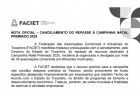 Nota oficial divulgada pela FACIET comunica o cancelamento do repasse estadual para a Campanha Natal Premiado 2025.