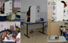 #ParaTodosVerem: Montagem de fotos mostra cabinas da Justiça Eleitoral com urnas eletrônicas instaladas em um local de votação. Eleitoras votam atrás das cabinas enquanto mesários realizam atendimento e conferência de documentos em mesas ao lado.