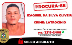 Izaquiel da Silva Oliveira, de 29 anos, está sendo procurado pela DHPP - Palmas pelo crime de latrocínio; Informações sobre seu paradeiro podem ser repassadas pelo telefone ou WhatsApp (63) 3218-2408.