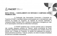 Nota oficial divulgada pela FACIET comunica o cancelamento do repasse estadual para a Campanha Natal Premiado 2025.