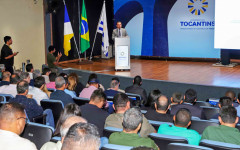 Presidente da Ameto, Carlos Eduardo Moraes, durante o lançamento do Curso Técnico em Mineração, realizado no auditório do Palácio Araguaia Governador José Wilson Siqueira Campos, em Palmas.