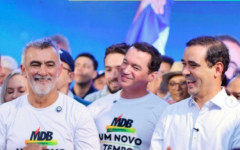 Vicentinho Júnior, Amélio Cayres e Alexandre Guimarães durante ato de filiação do presidente da Assembleia Legislativa ao MDB, em Palmas 