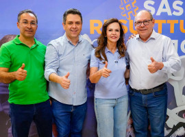 Deputado federal Tiago Dimas (Podemos), senadora Professora Dorinha Seabra (União Brasil) e ex-prefeito Ronaldo Dimas (Podemos) durante encontro em Araguaína