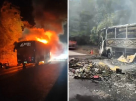 Ônibus destruído pelo incêndio na BR-153, em Nova Rosalândia 