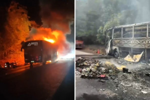 Ônibus destruído pelo incêndio na BR-153, em Nova Rosalândia 