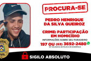 Informações sobre o paradeiro do investigado podem ser repassadas à 101ª DP de Dianópolis, pelo telefone (63) 3692-2480; o anonimato é garantido