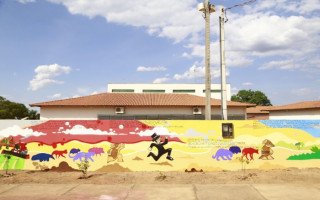 O projeto arte e leitura no muro da Escola Municipal Jacinto Bisco Arantes em Luzimangues. 