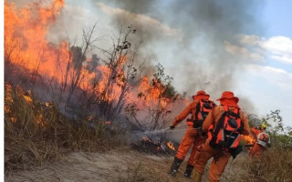 Brigadistas atuam para controlar incêndio no Cantão.