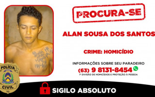 Informações sobre o paradeiro de Alan Sousa dos Santos podem ser repassadas para a DHPP Palmas por meio do número de WhatsApp (63) 98131-8454 