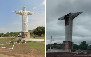 Cristo Redentor de Xambioá antes e depois de ser danificado por tempestade