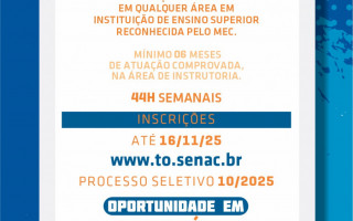 Podem se candidatar profissionais com graduação completa em qualquer área, reconhecida pelo MEC, e com experiência mínima de seis meses na área instrutória