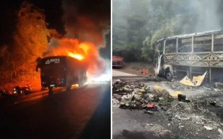 Ônibus destruído pelo incêndio na BR-153, em Nova Rosalândia 