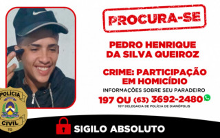 Informações sobre o paradeiro do investigado podem ser repassadas à 101ª DP de Dianópolis, pelo telefone (63) 3692-2480; o anonimato é garantido