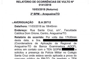 Relatório de ocorrência de celular entrado em banheiro, durante aplicação da prova em Araguaína.