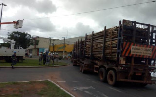 Caminhão carregado de eucalipto derrubou poste na Avenida Filadélfia.