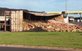 Carga ficou espalhada no canteiro central da rodovia.