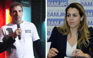 Humorista Léo Lins e a prefeita Cinthia Ribeiro