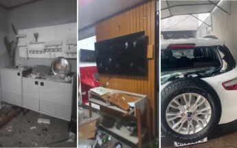 Vídeo gravado pela vítima mostra a casa completamente destruída após ataque do companheiro, que também danificou o veículo da família.