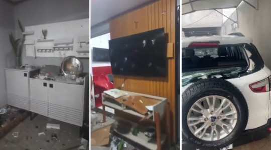 Vídeo gravado pela vítima mostra a casa completamente destruída após ataque do companheiro, que também danificou o veículo da família.