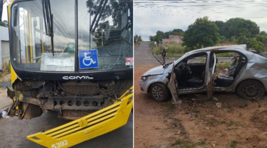 Imagens de câmera de segurança flagraram o momento da colisão; carro ficou completamente destruído