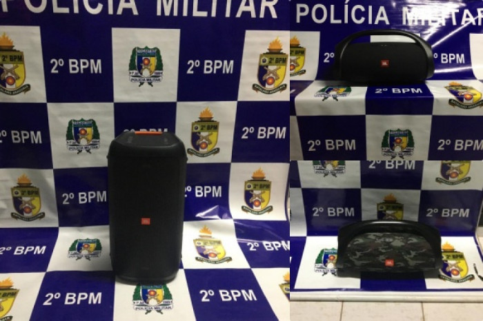 Caixas de som JBL foram apreendidas pela PM. Foto: Divulgação/2º BPM