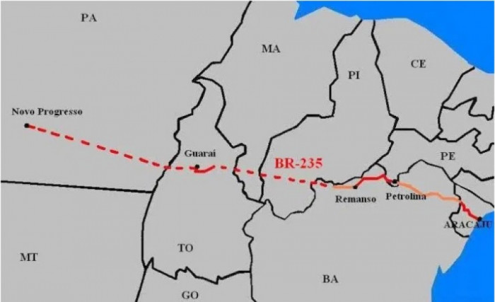 A rodovia BR-235 liga Aracaju (SE) a Novo Progresso (PA). Foto: Reprodução