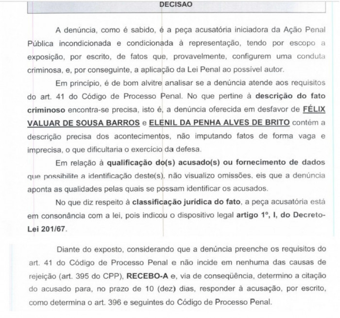 Justiça recebe denúncia contra Elenil. Foto: Reprodução Processo