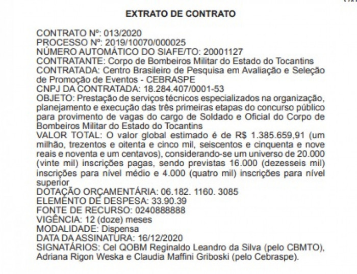 Extrato do contrato foi publicado no Diário Oficial 