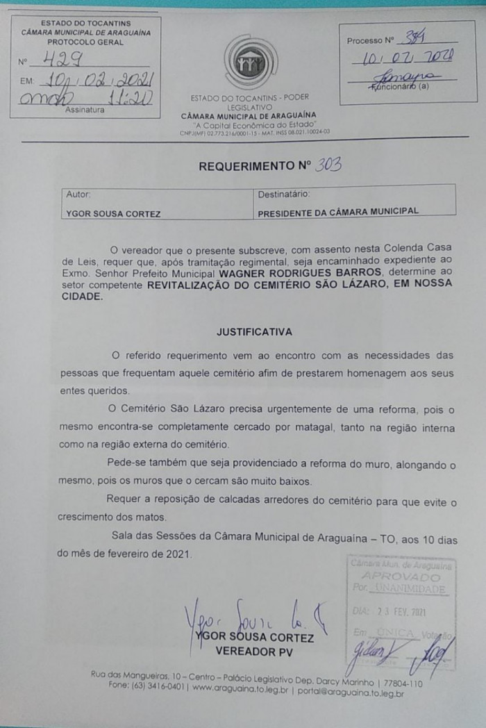 Requerimento com a solicitação de Ygor Cortez 