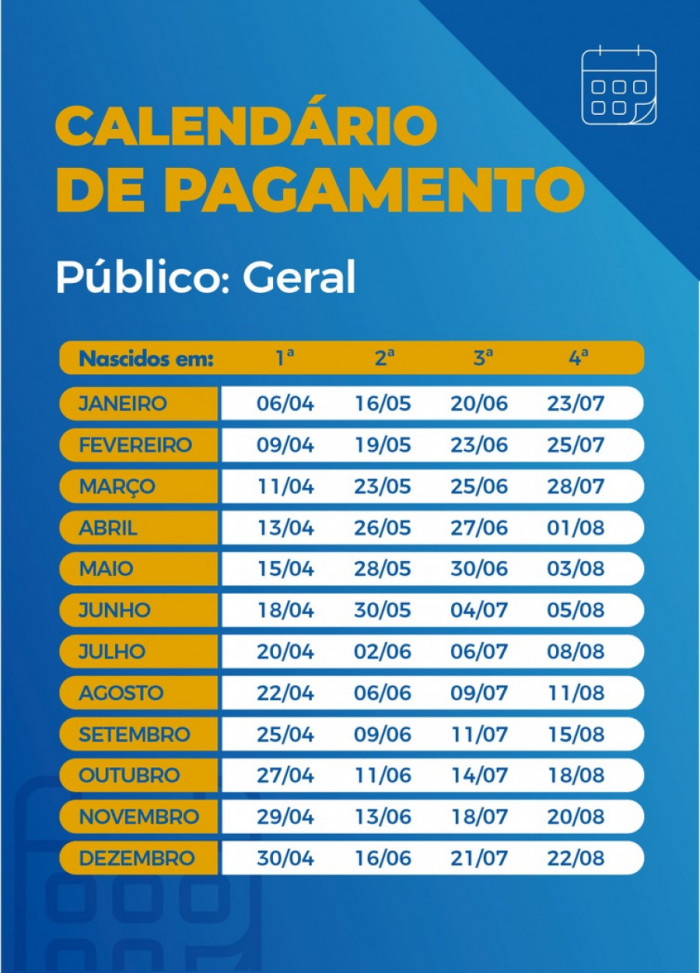 Calendário de pagamento das parcelas do auxílio emergencial: Público Geral. Foto: Arte/Agência Brasil