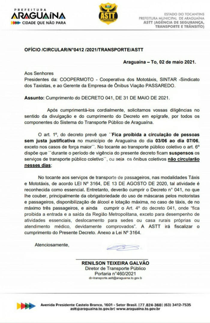 Ofício da ASTT informando sobre o transporte durante o lockdown em Araguaína 