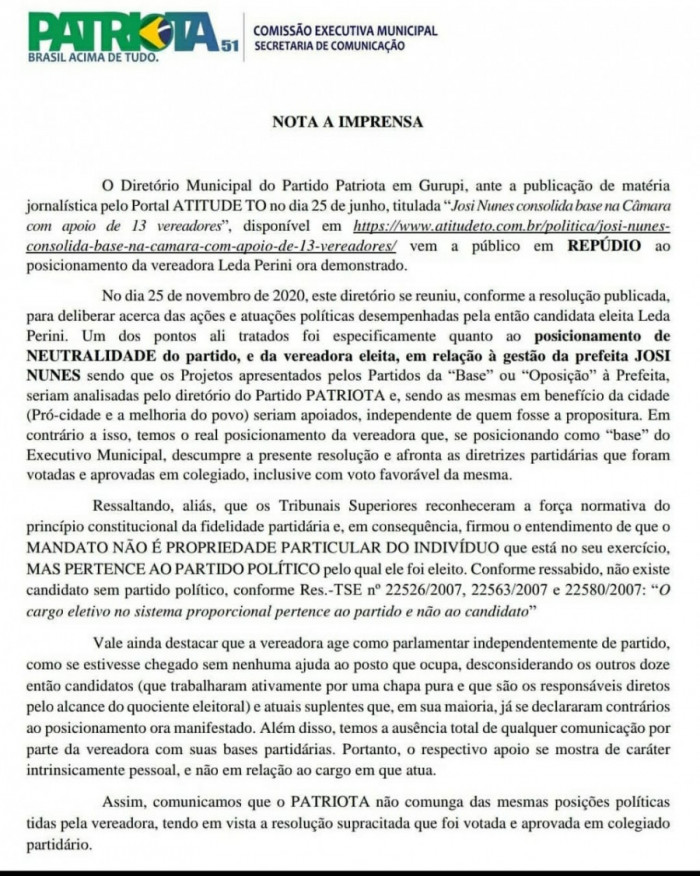 Nota de repúdio do diretório municipal do Patriota de Gurupi. 