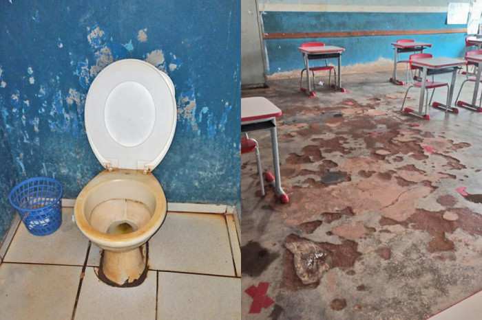 Imagens mostram a má conservação dos banheiros e das salas de aula.