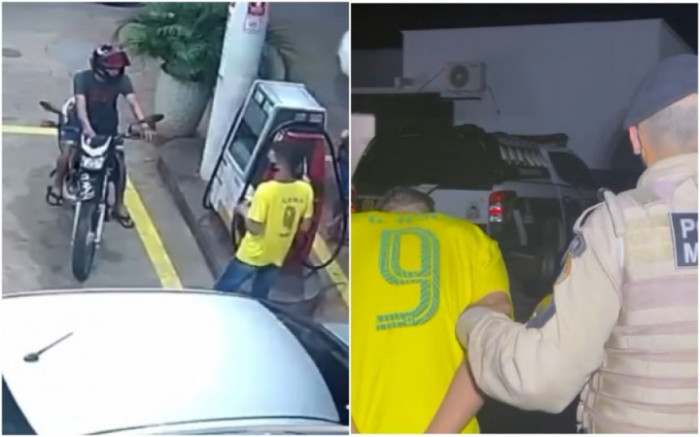 à esq., meliantes no assalto a posto no Setor Coimbra. À dir., mesmo suspeito preso nesta quinta.